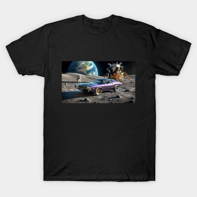 Plum Crazy Dodge Challenger on the Moon T-Shirt by NebulaWave